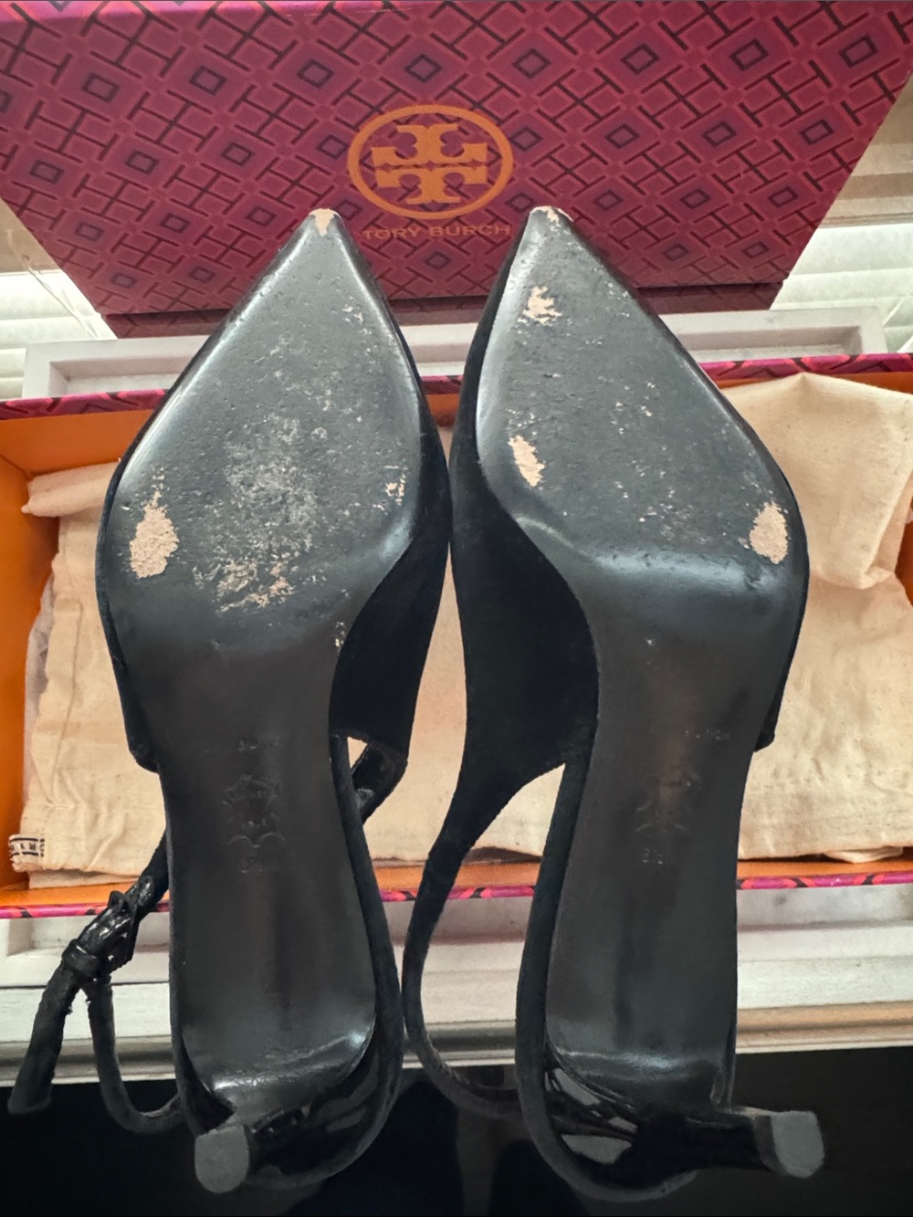 Tory Burch Black Pointed Toe Slingback Heels with Logo - Picture 3 of 4